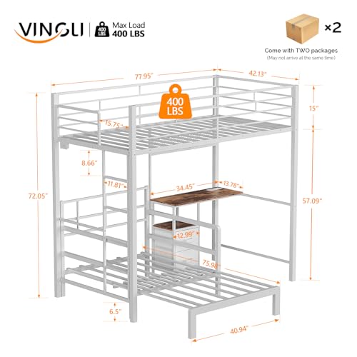 Image of VINGLI Twin Over Twin Bunk Bed with Desk, 15'' Extra High Guardrail Loft Bed with LED Lights,2 Charging Station,and 2 Storage Drawers,2 Deckers Bed,Metal Space Saving Platform Bed with Vanity,White