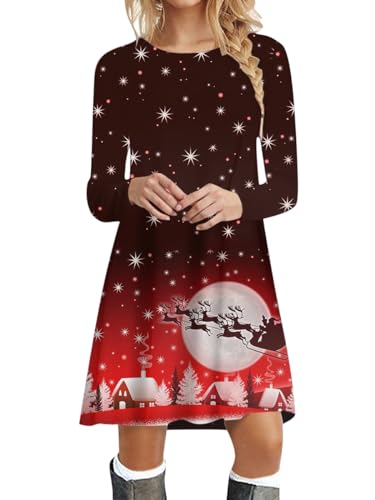 ORANDESIGNE Festliches Kleid Damen Weihnachten Midikleid Herbst Bunt Langarm A Linien Abendkleid Kurz Elegant Weihnachtskleid Curvy Mode Partykleid...