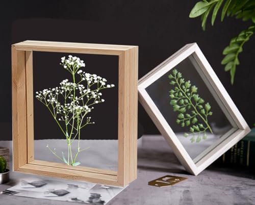 Image of Desi Rang Wooden Frame for Wall Decor Table top Hanging Any Green or dry plant Leaf Picture Photo DIY Gift Home decoration (Natural,Sqr,7x7 inch,with White Flower)