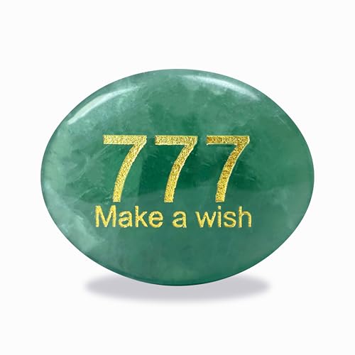 Palm Stone Gemstones, Healing Crystals Stone with Engraving Angel Numbers 777 for Lucky, Natural Hand Carved Green Fluorite for Inspirational Gifts, Meditation
