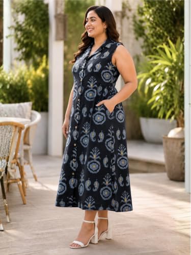 Image of Indietoga Women Plus Size Printed Cotton Midi A-line Dress (XL to 7XL)