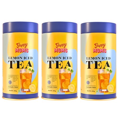 Image of Guppy Moms Lemon Iced Tea Powder - Sugar-Free & Refreshing Fruit Drink | Healthy Energy Drink Alternative & Premium Mixer | Aromatic, Easy to Prepare | 600g Pack (Pack of 3)