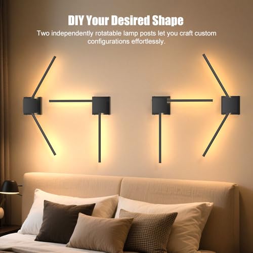 Image of Battery Operated Wall Sconces Set of Two, Dimable Wireless Rechargeable Wall Sconce with Remote Control, 29In 8000mAh 320 DIY Rotatable Modern Decor Lights, Black Wall Lamps for Living Room Bedroom