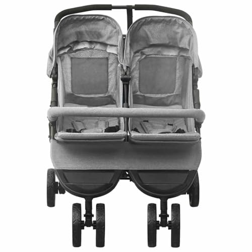 Cochecito doble para 2 niños, silla de paseo plegable con respaldo ajustable, reposapiés, capota y cesta, acero gris claro
