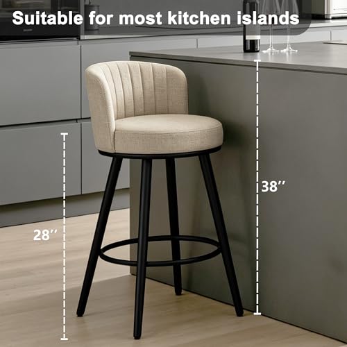 Image of Swivel Bar Stools Set, 28 inch Seat Height, Modern Design, Upholstered Barstools with Back and Footrest, Metal Legs, Suitable for Kitchen Island, Counter, Dining Room