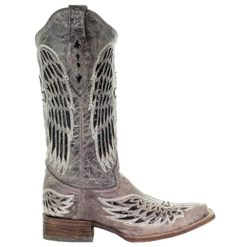 Corral Boots Women's Black Glitter Inlay Cross and Wings Embroidery Square Toe Cowboy Boot