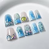 Handmade Nails Thick Press on Nails Medium Duck Nails Blue Fake Nails with Gem Design Reusable Acrylic Nails with Glue 3D Flower Art Nature Stick on Nail Luxury False Nails for Wome (Size M)