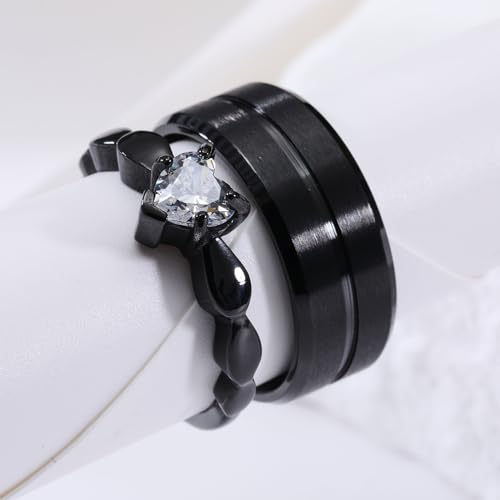 INBLUE Anillos de Promesa Personalizados para Parejas Anillo de Texto Grabado con Piedra Preciosa Corazón Anillos de Acero Inoxidable a Juego para Pareja en Boda de Compromiso - Juego Estilo 1 - imagen 3