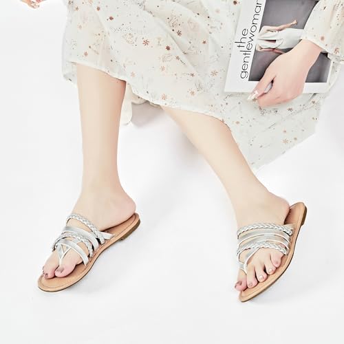 Image of Ataiwee Women's Flat Slide Sandals - Comfortable Open Toe Design,Casual Slip-On with Ankle Strap,Hook-and-Loop Closure Summer Sandals.
