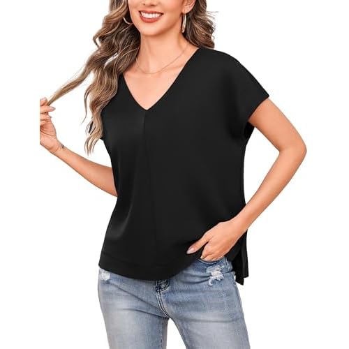 Totatuit Women Sexy Deep V Neck Loose Fit Tshirts Cap Sleeve Oversized Tee Shirts Summer Casual Business Tunic Tops