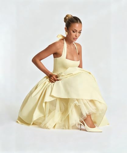 Image of Women Summer Halter Dress Low Cut Sleeveless A Line Tulle Swing Flowy Tea Length Dress Corset Prom Formal Ball Gowns