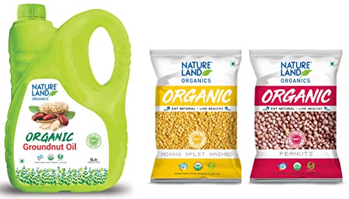 Image of Natureland Organics Groundnut Oil Jar, 5 L & Moong Dal Yellow /Split Washed Pouch, 1 kg & SFT Mamra Afghani Almond, Handpicked (Badam, Rich in Oil), More Nutritious 1kg
