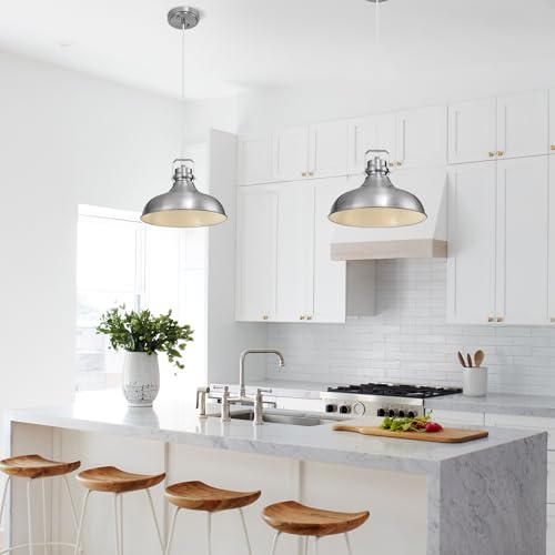Image of Brushed Nickel Modern Pendant Lights Kitchen Island Fixtures | ETL Certificate,Industrial Adjustable Height Vintage Dome Hanging Light Fixtures for Barn,Dining Room 2 Pack