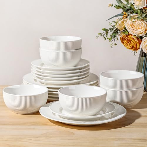 Image of TheTerra Stoneware Dinnerware Sets for 6, 18 Pieces Ceramic Plates and Bowls Sets, Scratch Resistant Embossed Dish Set, Oven, Microwave & Dishwasher Safe, Bright White