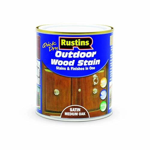 Rustins Quick Dry Outdoor Wood Stain Satin Medium Oak 500ml- Durable and Weather-Resistant Finish Fast Drying Vibrant Color for Decks Fences & Furniture Available in Many Wood Shades