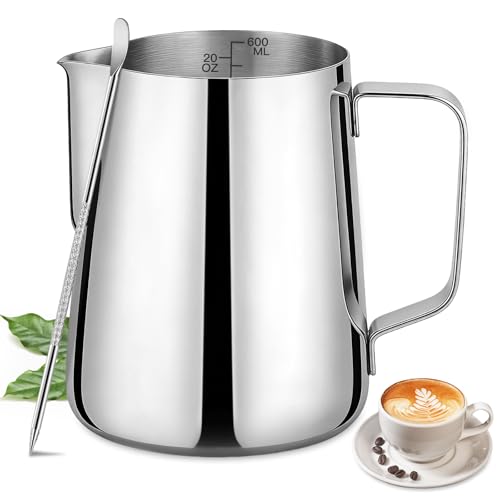 Milk Frothing Pitcher 20oz / 600ml Stainless Steel Steaming Jug with Decorating Pen Barista Milk Frother Cup for Latte Art Cappuccino Coffee