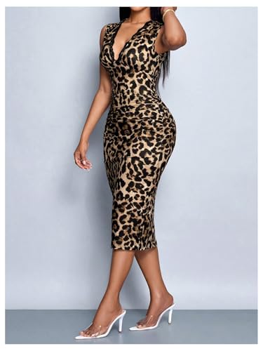GORGLITTER Women's Cheetah Leopard Print Dress Lace Slit Ruched Sleeveless Y2K Bodycon Midi Dresses2