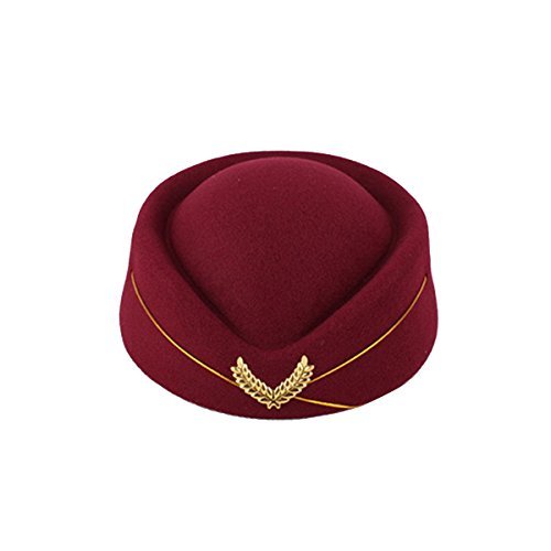 BESTOYARD Flugbegleiterin Mütze Wollfilz Stewardess Hut Damen Pillbox Mützen Stewardess Kostüm Cosplay Cap Größe M (weinrot) Cover