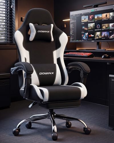 Image of Dowinx Ergonomic Gaming Chair with Footrest & Massage Lumbar, 2D-Linkage Armrests for Computer Chair 330lbs with Headrest Pillow for Office, Home, Streaming and Long Gaming Sessions, Fabric White