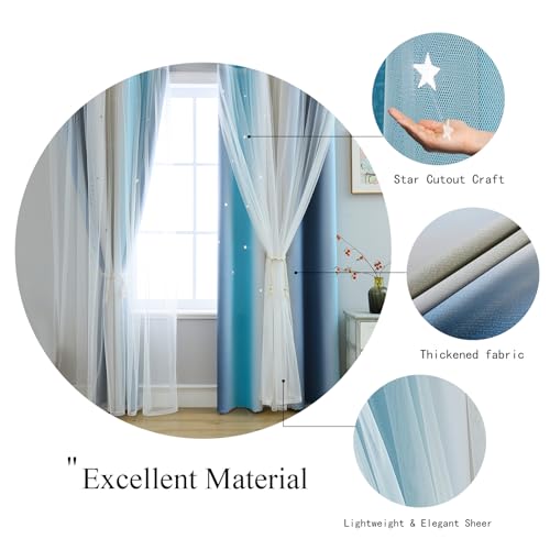 Image of indistar Dreamy Star Cutout Blackout Curtains with White Sheer,Double Layer Curtains for Girls Bedroom, Hollow Out Drapes for Nursery (2 Panel,52Wx72L,Pastel Blue)