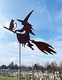 Gartenfigur Hexe mit Katze auf Besen fliegend 20x25cm + Stab Gartenstecker Edelrost Gartendeko Wetterfest Rost Metall Rostfigur Halloween Figur von Steinfigurenwelt