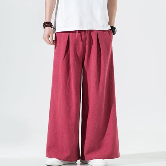 Men's Casual Pants Linen Loose fit Elastic Waist Drawstring Lightweight Wide Leg Yoga Beach Pants for Men