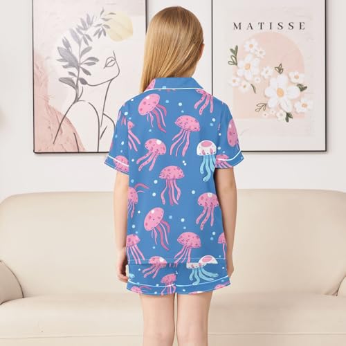 ALAZA Cartoon Jellyfish Bubble Satin Pajamas Set Short Sleeve Button Down Sleepwear Summer Pjs 2 Piece4