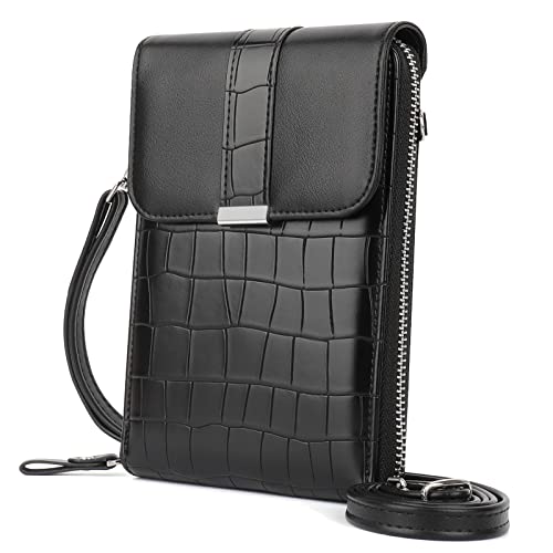 Aeeque Sac à bandoulière en cuir synthétique pour femme Motif crocodile Compatible avec iPhone 13 12 mini de moins de 6,7" Noir Cover