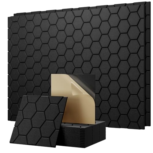 Sound Proofing Panels with Acoustic Foam - Acoustic Wall Panels Self Adhesive for Soundproofing- Black Hexagon Sound Proof Noise Cancelling - Sound Absorbing Panels for Gaming Room Studio 12 Pack