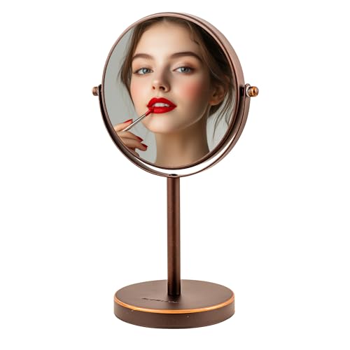 Image of OVENTE 6'' Tabletop Vanity Makeup Mirror, Antique Bronze MNLT60ABZ1X7X | Double Sided Round Magnifying Table Mirror with 1X /7X Magnification, 360 Rotation, Perfect for Dresser Bedroom Office Travel