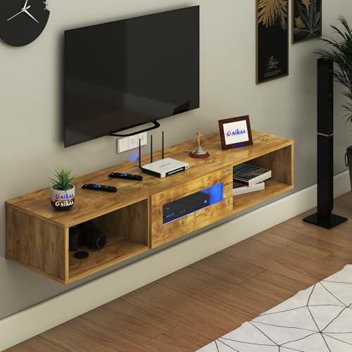 Image of Anikaa Novus Wall Mount Modern Floating TV Unit for Living Room with Open Shelf Storage Cabinet & Middle Cabinet Blue LED Light (Ideal for 32 to 65 inch TV, DIY Installation, Gaintwood Finish)