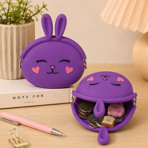 Image of FunBlast Cute Bunny Shape Silicone Coin Purse for Kids & Adults - Mini Pouch for Coins, Earphones, Keys & Small Essentials, Aesthetic Pouches for Girls & Women - 12 X 9.5 X 3 Cm (Bunny-Purple)