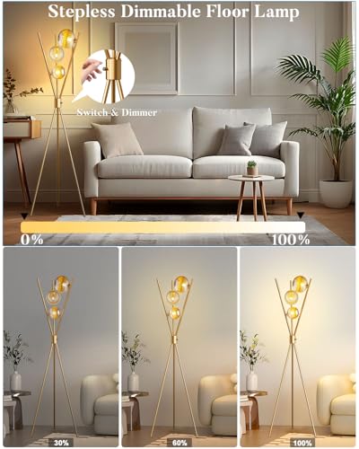 Image of Lightdot Dimmable Tripod Floor Lamp Gold Art Deco Floor Lamp with Brown Globe Glass Lampshade 3Pcs Bulbs Included Tripod Standing Lamp for Living Room /Bedroom /Sofa Beside /Corner Decor