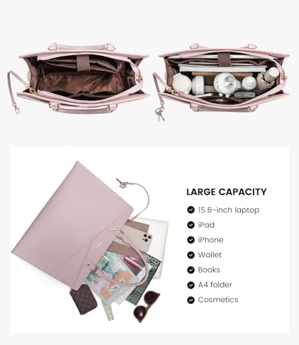 Image of LOVEVOOK Laptop Tote Bag for Women, Leather Business Office Work Bag Computer Briefcase with Small Clutch fit for 15.6 Inch Laptop Pink