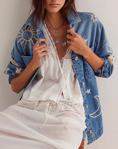 loveimgs Women Retro Boyfriend Embroidered Denim Jacket Button Up Lapel Jean Jacket Shirt Oversized Pocket Baggy Trucker Coat3