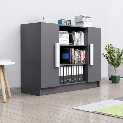 Image of Bniture Storage Cabinet Wooden Sideboard for Living Room with 3 Shelf and 2 Door | Multipurpose Book Shelf Storage Organizer Cabinet for Office Home Hallway Drawing Room Bedroom | Slate Grey