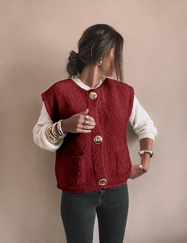 Womens Fleece Sweater Vest Casual Sleeveless Button Down Knit Gilet Outerwear Cardigan with Pockets2