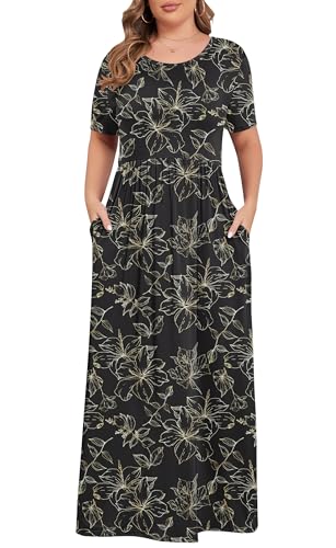 Image of KARALIN Women Plus Size Maxi Dress Short Sleeve Round Neck Loose Fit A-Line | Plus Size Long Dress,Summer Casual Maxi Dresses,Short Sleeve,Side Pockets,Round Neck,Elastic Waist,14 Plus - 26 Plus