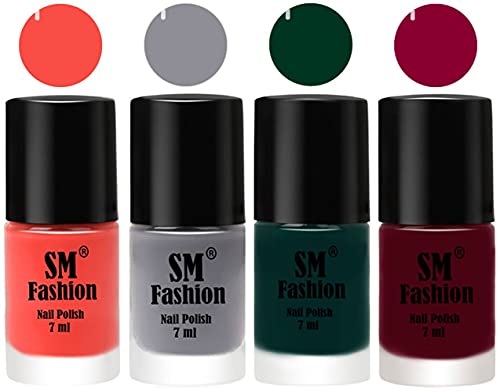 Image of Nail Polish Combo Set (Pack of 4) Quick Dry Gel Finish Nail Paint | Coral,Gray,Dark Green,Boysenberry | 7 ml Each