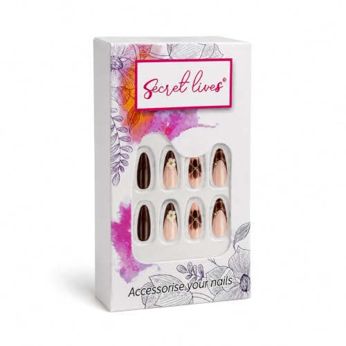 Image of Secret Lives Almond Press-On Nails 24-Piece Set with Kit Translucent Pink,Glossy Brown 2D FlowerArt Tortoiseshell Tips & Gold Stone Accents Artificial Nail Art