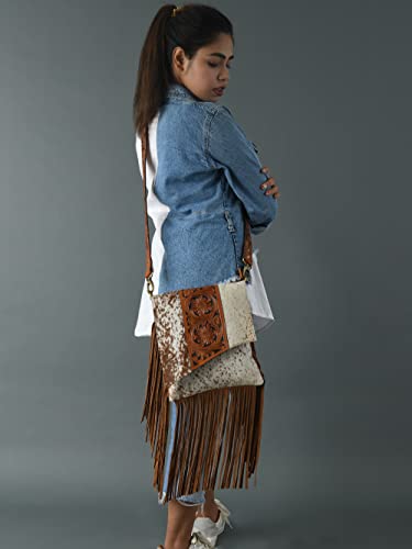 ADYAN Western Brown Hand-Tooled Genuine Leather Cross Body Bag for Women | Handcrafted Floral Tooled Purse With Suede Fringes and Adjustable and Detachable Strap3