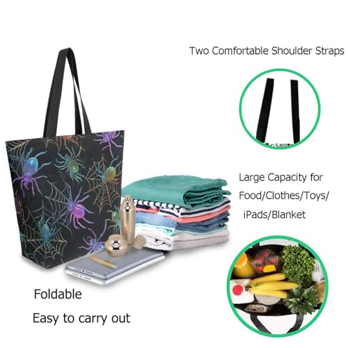 Rainbow Halloween Spiders in Web Extra Large Canvas Gym Shoulder Tote,Durable Reusable Daily Top Handle Bag for Mens Womens Yoga Weekender Picnic Beach Travel Market Shopping3