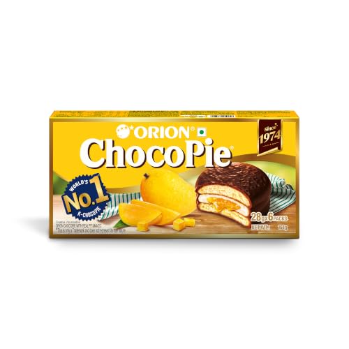 Image of Orion Mango Choco Pie 6pcs pack | centre-filled chocolate biscuit 168 gm