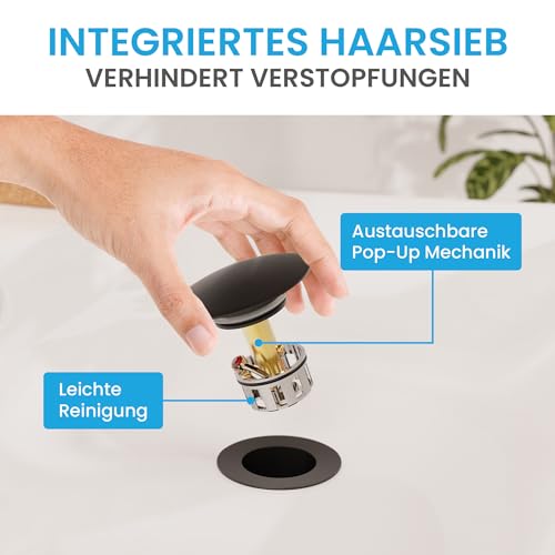 Bächlein Universal Ablaufgarnitur ohne Überlauf (Matt Schwarz) - Pop Up Ventil für Waschbecken und Waschtisch – Ablaufventil Abflussgarnitur aus Messing mit Einbauanleitung