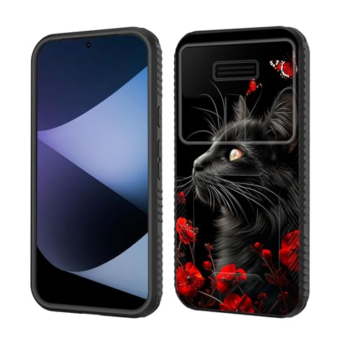 wiaekosef for Pixel 9/9 Pro Case Built in Slide Camera Lens Cover,Heavy Duty Shockproof Protection Dual Layer Case for Goolge Pixel 9/ Pixel 9 Pro 6.3 inch 2024,Black Cat Flowers and Butterflies