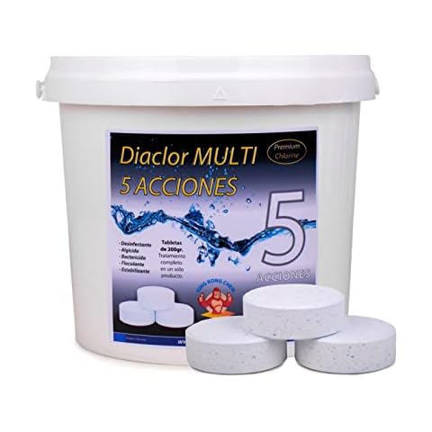 Cloro para Piscinas DIACLOR MULTI 5 ACCIONES 5 KG - 25 Pastillas de Cloro Lento (200 gr- 7,5 cm Diámetro) - Tratamiento Completo 5 EFECTOS - SIN COBRE Cover