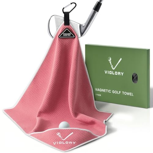 VIGLORY Magnetic Golf Towel 18x18 with Cleaning Pocket No-Bend Back Saver Design Ultra Absorbent Waffle Microfiber Club Ball Cleaner Golf Accessories and Gifts for Men Women (Pink)