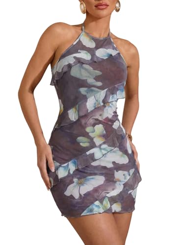 Image of Milumia Women's Floral Ruffle Trim Bodycon Mini Dress Tie Backless Halter Short Dresses
