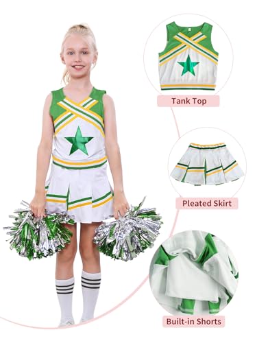Image of LOLANTA Cheerleader Costume for Girls Halloween Cheer Uniform Outfit | 4Pcs Complete Cheerleading Set with Top, Skirt, Socks and Pom Poms, Cheer Outfits for Halloween Cosplay Christmas