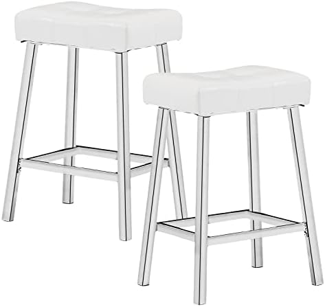 MNEETRUNG Bar Stools Set of 2, Counter Height Saddle-Seat PU Leather Bar Stools for Kitchen Counter Backless Modern Square Barstools Upholstered Faux Leather Stools Farmhouse Island，White